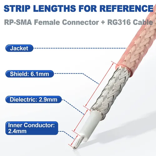 Vista 6 de Eightwood Conector RF de crimpado hembra de mamparo RP-SMA para cable RG316 RG174 Paquete de 10 RP-SMA hembra con conector pin macho, 50 ohmios