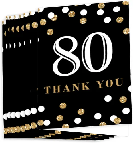 Vista 2 de Big Dot of Happiness Tarjetas de agradecimiento para adultos de 80 años, color dorado, para fiestas de cumpleaños (8 unidades)