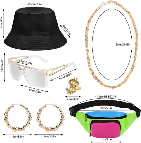 Vista 2 de Traje de los años 80 y 90 para mujer, camiseta de béisbol, pantalones cortos, riñonera, disfraz de fiesta retro, accesorios de representante