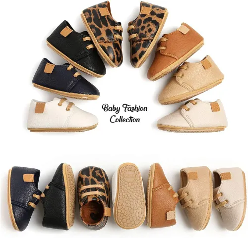Vista 2 de SOFMUO Zapatos deportivos de cuero con cordones para bebés y niñas con suela de goma suave, mocasines Oxford para recién nacidos, mocasines