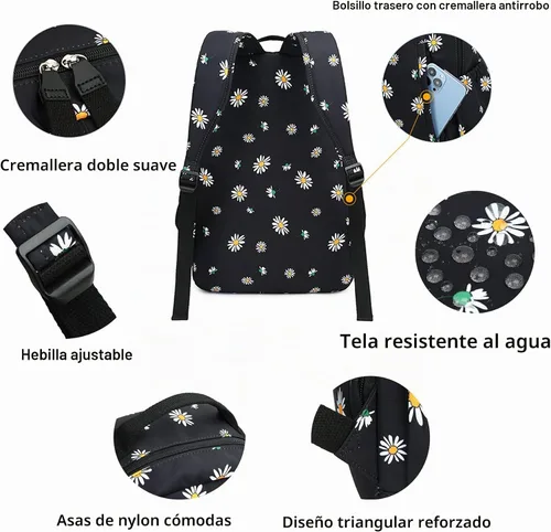 Vista 3 de Mfikaryi Daisy Prints - Mochila para niñas, para escuela secundaria Negro