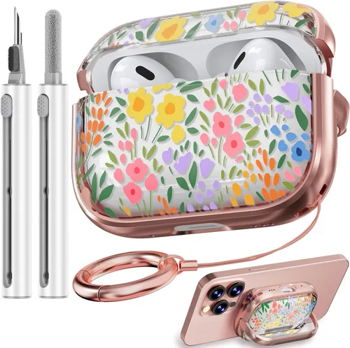 Vista 48 de Inesore Funda con bloqueo de seguridad para AirPods 4 2024, bonita funda floral para AirPod de 4ª generación para mujeres con kit limpiador