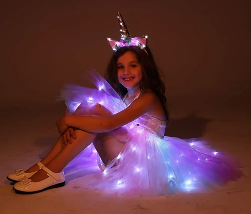Vista 3 de Disfraz de princesa de unicornio para niñas, disfraz de fiesta de cumpleaños con luz LED, vestido de tutú de Halloween con diadema