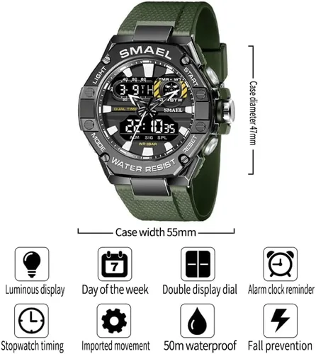 Vista 5 de SMAEL Reloj deportivo para hombre, reloj de doble tiempo para hombre, reloj de luz LED, alarma 8066, reloj deportivo de moda, reloj de pulsera