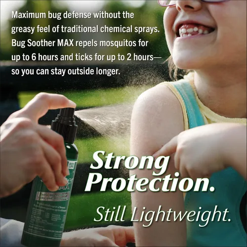 Vista 3 de Bug Soother MAX Spray repelente de garrapatas y mosquitos natural – Protección contra insectos extra fuerte para exteriores, fórmula a base