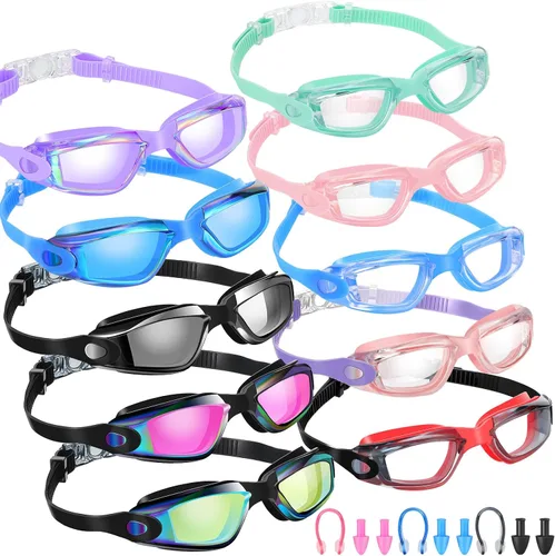 Vista 12 de Konohan Paquete de 10 gafas de natación a granel para niños y adultos, gafas de piscina antivaho de silicona sin fugas, gafas de natación