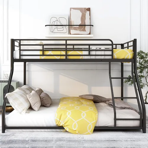 Vista 4 de PURLOVE Litera de metal individual XL sobre Queen para niños, litera baja con escalera, no necesita somier, color negro plateado