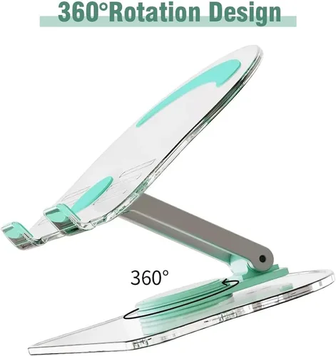 Vista 6 de Soporte acrílico para tablet con base giratoria de 360°, soporte plegable ajustable transparente para escritorio, oficina en casa, compatible