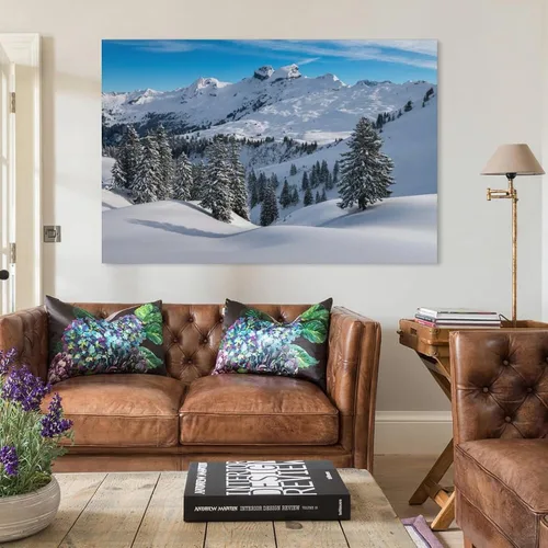 Vista 3 de Árbol, montaña, invierno, bosque, nieve, entorno natural, paisaje, pintura, decoración nórdica, sala de estar, decoración del hogar, 24 x 36