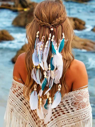 Vista 8 de CAKURE Diadema de plumas bohemias, diadema gitana, diadema hippie india, accesorios para el cabello para mujer