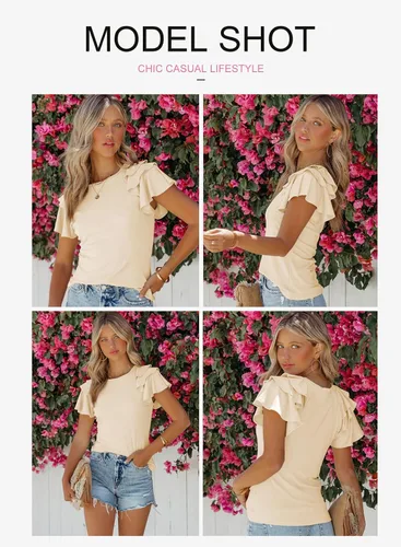 Vista 2 de EVALESS Blusas de verano para mujer, cuello redondo, manga corta, con volantes, color liso, ajustadas, blusas casuales