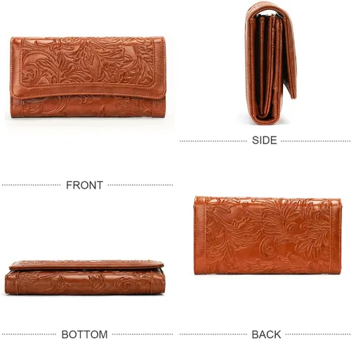 Vista 3 de MEITRUE Cartera de cuero para mujer, con bloqueo RFID, triple pliegue, con relieve, soporte para tarjetas, organizador de chequera para teléfono