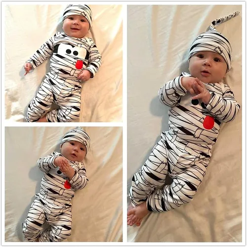 Vista 2 de Aalizzwell Conjunto de ropa para bebés, niños y niñas, disfraz de Halloween, overol de momia, pantalones Rojo