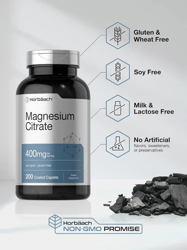Vista 4 de Horbäach Citrato de magnesio 400 mg 200 comprimidos Suplemento vegetariano, sin OMG y sin gluten