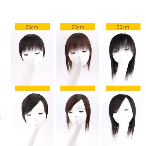 Vista 3 de Extensiones de cabello humano real con clip con flequillo, peluca para cabello fino para mujer (8 pulgadas, marrón oscuro)