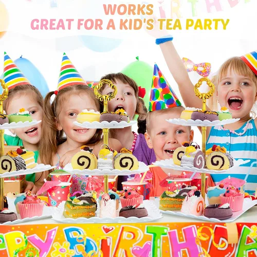 Vista 6 de 6 juegos de 3 niveles de soporte para cupcakes de fiesta de té, platos de postre de plástico blanco para cupcakes, bandejas cuadradas para tartas