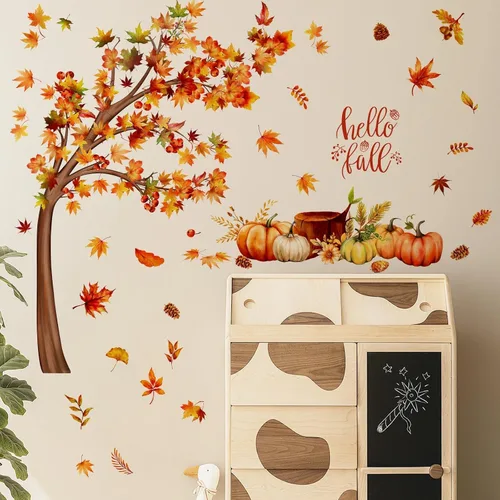 Vista 4 de Calcomanías de pared de árbol de otoño de 33.46 x 29.92 pulgadas, calcomanías de pared de árbol de acuarela con hojas de arce, decoración de pared