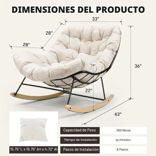 Vista 2 de FLEXISPOT Mecedora de gran tamaño para exteriores con asiento acolchado grueso, color beige