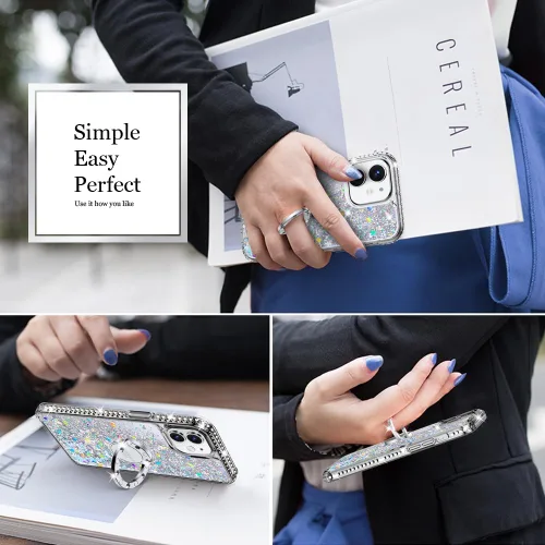 Vista 6 de Silverback Funda para iPhone 12, iPhone 12 Pro, funda con purpurina holográfica líquida móvil con soporte, funda protectora con soporte de anillo