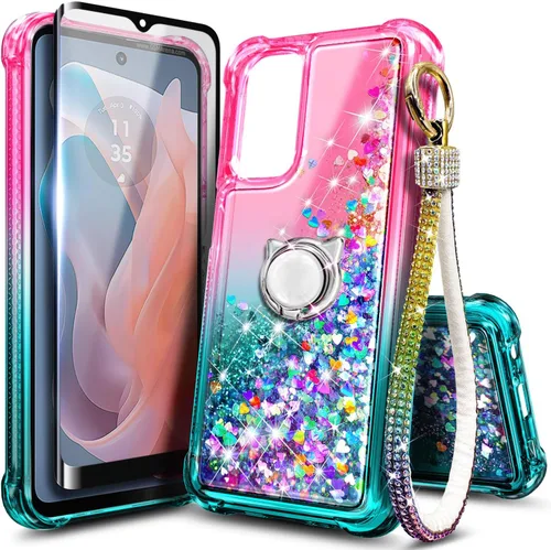 Vista 17 de Funda compatible con Samsung Galaxy S24-FE Aqua/Purple Funda líquida flotante con purpurina linda con protector de pantalla de vidrio templado