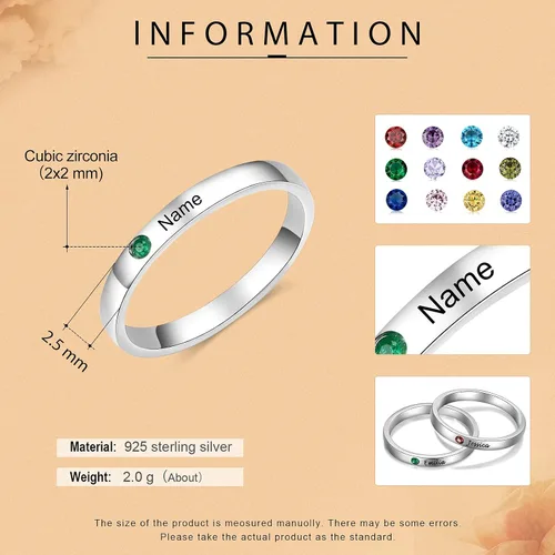 Vista 2 de 3 anillos con iniciales grabados personalizados con piedras de nacimiento simuladas, anillos personalizados para mejores amigas para mujeres