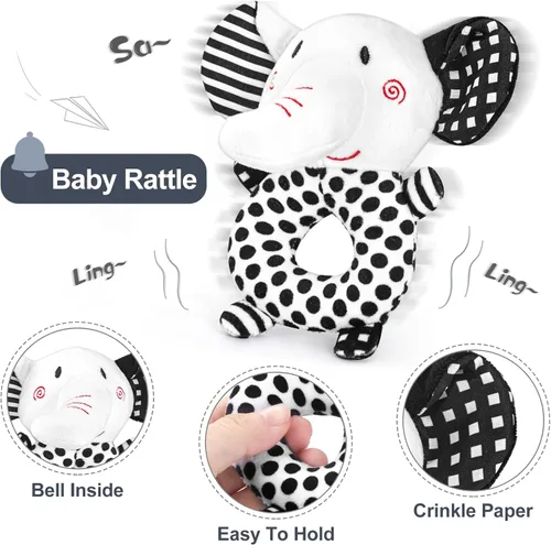 Vista 6 de Juguetes para recién nacidos, juguetes para bebés de alto contraste en blanco y negro, de 0 a 6 meses, con tarjetas sensoriales y sonajero, esencial