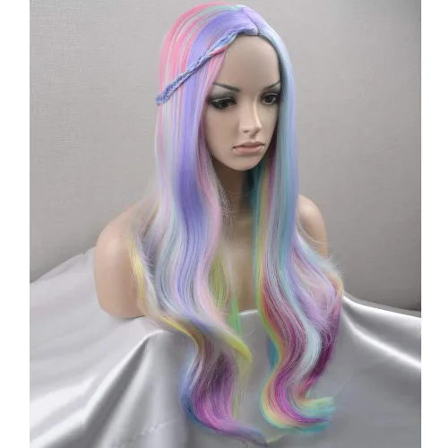 Vista 4 de BERON - Peluca larga y rizada multicolor con encanto para fiestas de cosplay y niñas con gorro de peluca colorido