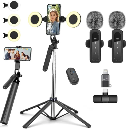 Vista 7 de Trípode de metal para selfie stick para iPhone con luz, selfiestick de teléfono celular de 70 pulgadas con control remoto, soporte de trípode