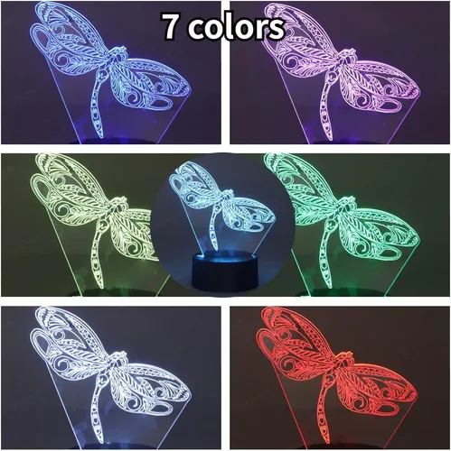 Vista 5 de Luz nocturna 3D con ilusión 3D, 7 cambios de color, acrílico transparente, libélula 3D, luz nocturna LED para dormitorio, regalo de cumpleaños