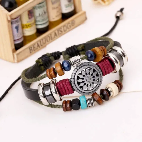 Vista 3 de Usstore pulsera bohemia de mujer de muchas capas, de tela, hecha a mano, con abalorio, para mano.
