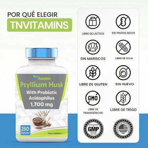 Vista 6 de tnvitamins Cápsulas de cáscara de psyllium 1700 mg - 250 cápsulas con probiótico Acidophilus Suplemento de fibra soluble y dietética extra