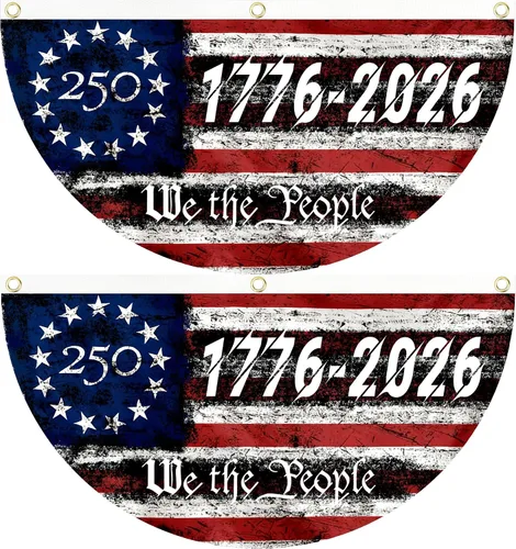 Vista 10 de 2 banderas de Estados Unidos con el número 250 aniversario, banderas de abanico 1776-2026 de 1.5 x 3 pies, bandera de aniversario de 250 años