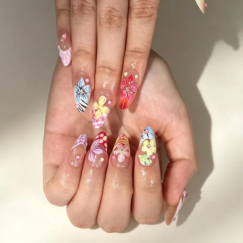 Vista 13 de Uñas postizas a presión de almendra, uñas postizas medianas con diseños de estampado francés de lámina dorada 3D, pegamento dorado Starlight en uñas