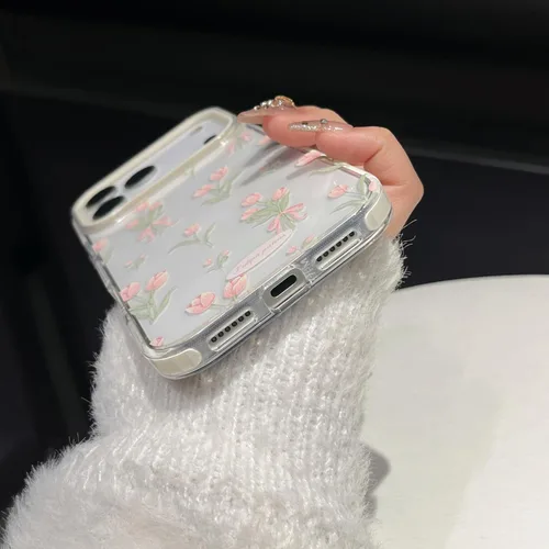 Vista 6 de Funda para iPhone 13, color blanco Funda para teléfono con diseño floral de tulipanes rosados para iPhone