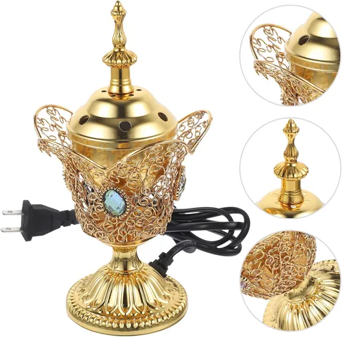 Vista 5 de Quemador de incienso eléctrico de metal, estilo de Oriente Medio, incensario eléctrico de mesa para hogar, oficina, yoga, spa, decoración de Dorado
