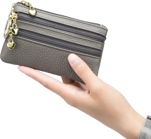 Vista 7 de imeetu Monedero para mujer, monedero de cuero genuino con cremallera, pequeño monedero con llavero, Gris claro, 5.1 x 3.35 x 0.59 inches, Monedero