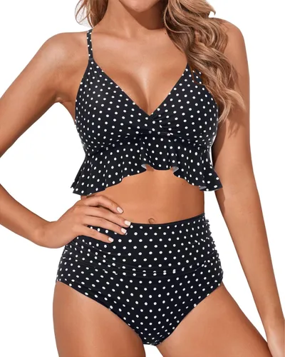 Vista 22 de Tempt Me - Traje de baño de dos piezas para mujer, bikini de cintura alta con volantes y control de abdomen Rojo neón