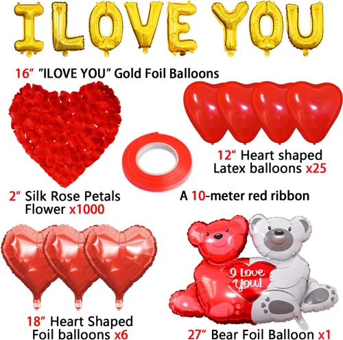 Vista 2 de Juego de globos y globos de aniversario, kit romántico de globos de corazón con rosa roja, decoraciones de aniversario para boda, confesión