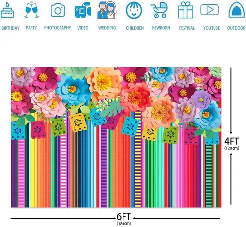 Vista 3 de Ticuenicoa Telón de fondo de fiesta mexicana de 6 x 4 pies, fondo de fiesta con diseño de flores de cinco de mayo, para fotos, rayas florales