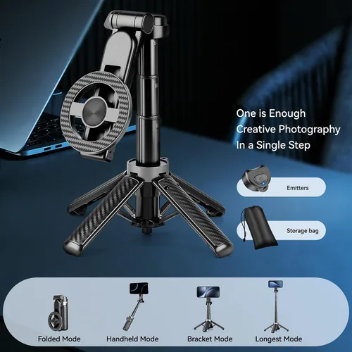 Vista 8 de Trípode magnético multifuncional 4 en 1, palo selfie portátil para iPhone y Android con control remoto desmontable y anillo de metal, trípode