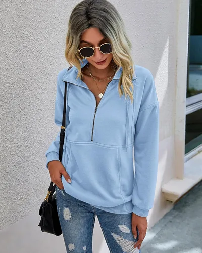 Vista 4 de PRETTYGARDEN Sudadera de mujer casual de manga larga con cremallera de solapa, sudadera con cordón holgada de estilo túnica