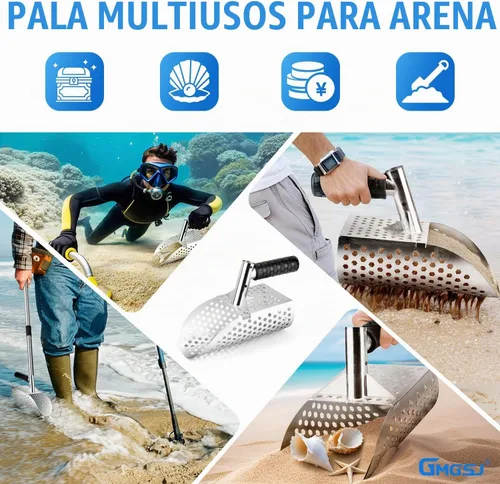 Vista 8 de Cuchara de arena para detección de metales, cuchara detector de metales de acero inoxidable con mango largo de acero, accesorios para detectores