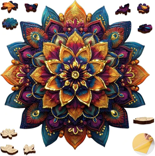 Vista 12 de Mys Aurora Rompecabezas de Madera Únicos - Mandala de Flores, 500 Piezas Tamaño King 16.5'' x 16.4'', Rompecabezas de Madera con Formas Lujosas