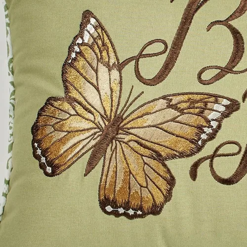 Vista 2 de Butterfly Eden - Almohada bordada de besos de mariposa, verde musgo, 14 x 20 pulgadas Mariposa bordada y palabras en rectángulo verde musgo