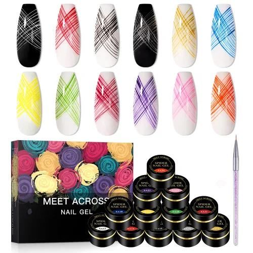 Vista 9 de Gel de araña luminoso de 12 colores, gel de araña que brilla en la oscuridad para arte de uñas, gel de dibujo de alambre elástico para línea