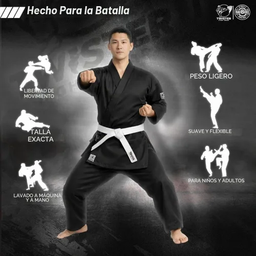 Vista 6 de TWISTER FIGHT WEAR Professional Double Stitch Strong Quality Training Student Karate Gi,Middleweight 8oz With Free White Belt Negro