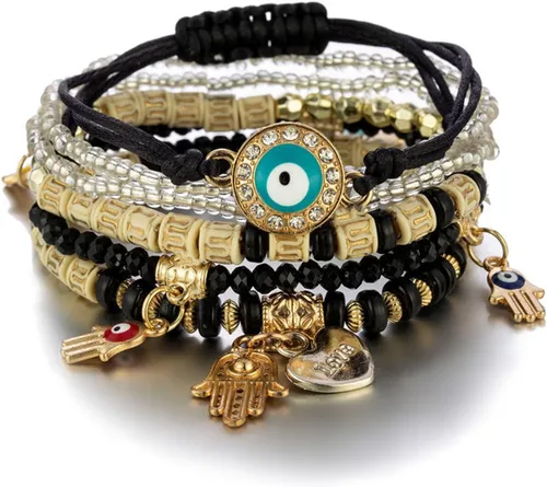 Vista 7 de Caiyao Juego de pulseras apilables de varias capas con cuentas de mal de ojo bohemio, multicolor, dije de ojo boho, semilla, Hamsa Fátima, colgante