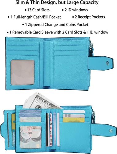 Vista 2 de AINIMOER - Cartera de piel con bloqueo RFID para mujer, tamaño pequeño, compacta, doble zíper, con ventana para identificación
