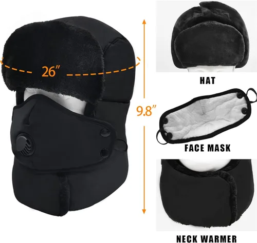 Vista 3 de Sombrero de trampero de invierno para hombres y mujeres, sombrero de piel rusa de caza de soldados con solapa para las orejas y máscara, sombrero