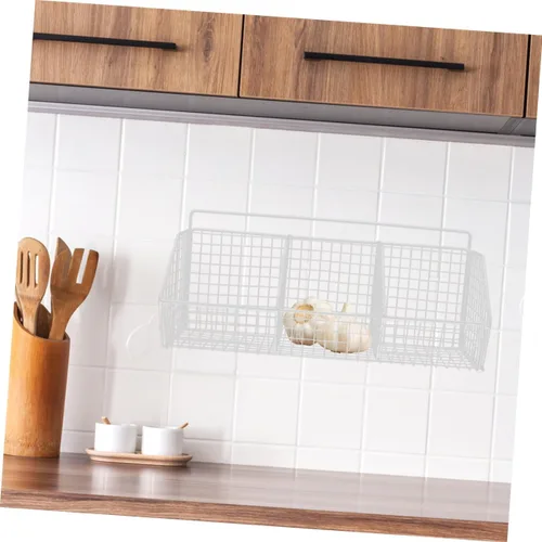 Vista 4 de 2 cestas de almacenamiento de cocina de montaje en pared, organizador colgante de acero al carbono con estructura de malla para frescura y ahorro